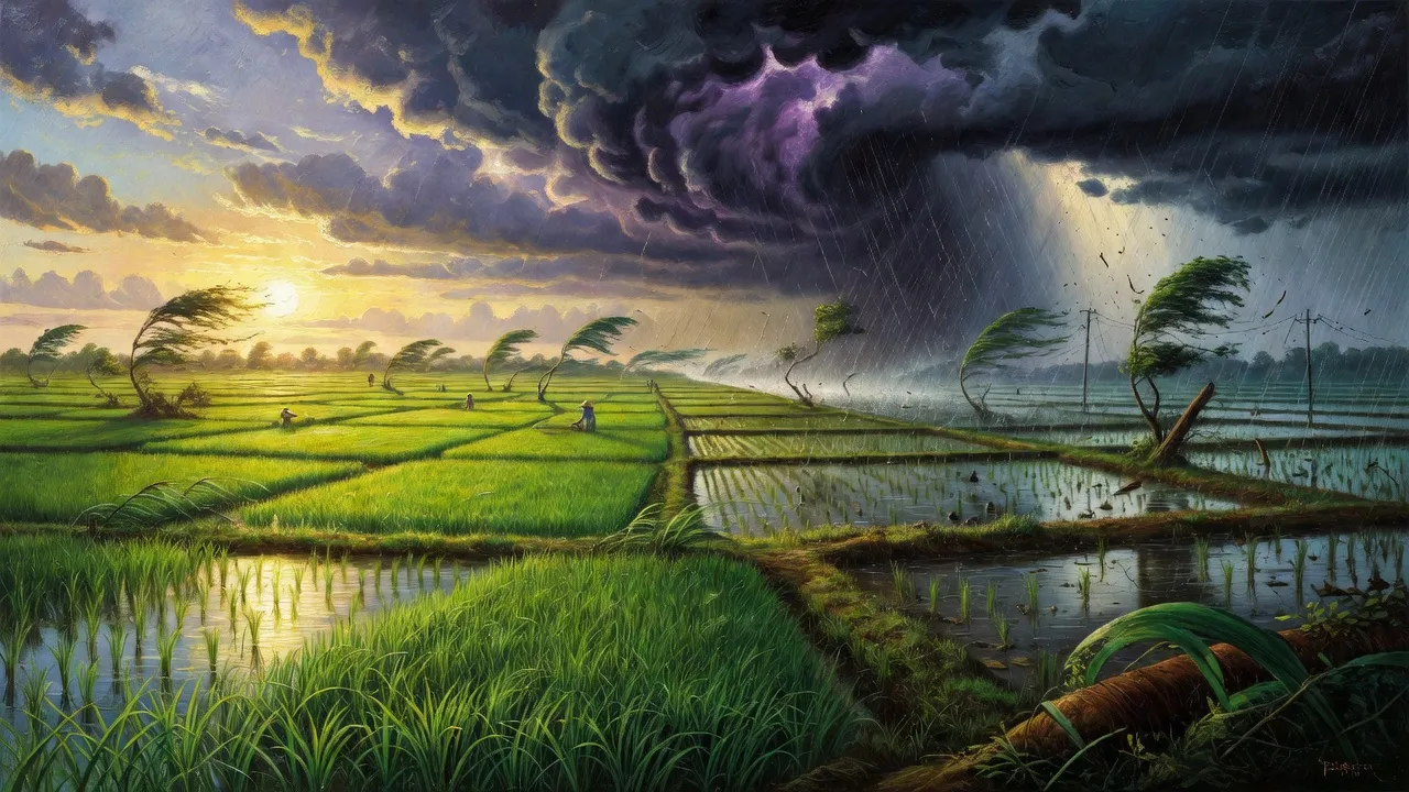 Biến đổi khí hậu thể hiện qua cảnh quan thiên nhiên với cánh đồng và thời tiết biến đổi.