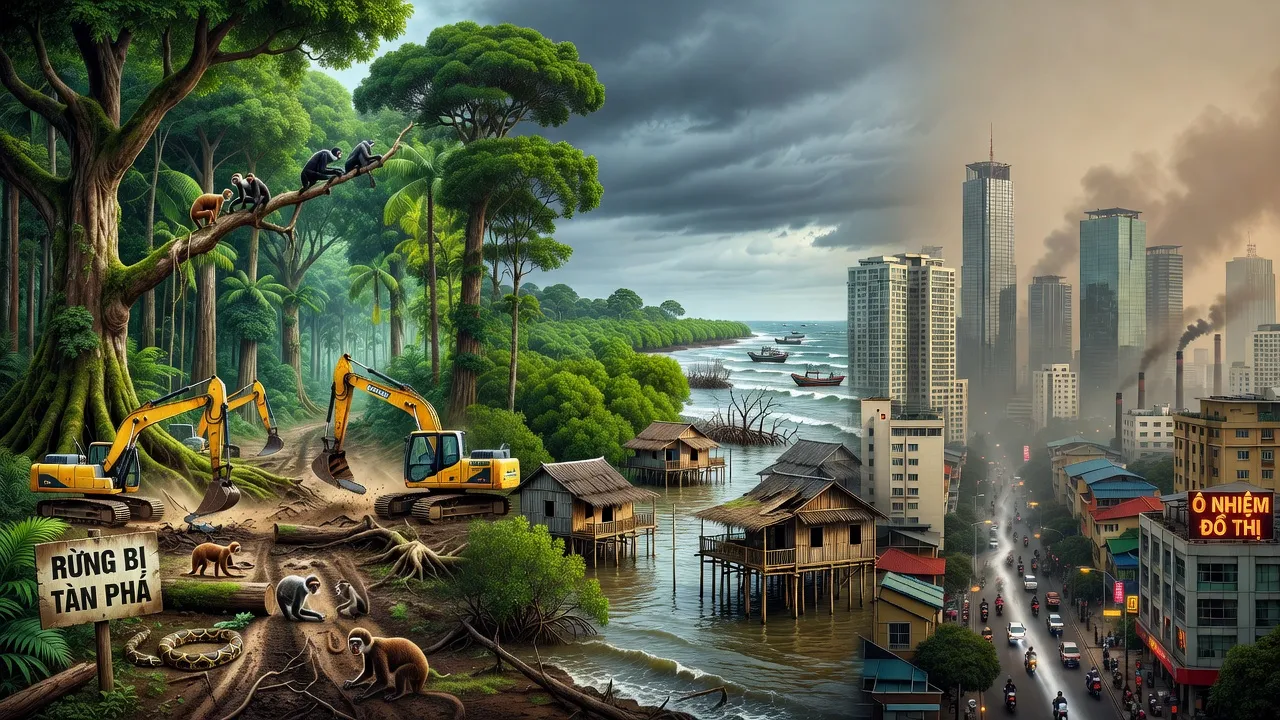 Hình ảnh mô tả sự biến đổi khí hậu tại Việt Nam với rừng xanh, biển dâng và ô nhiễm đô thị.