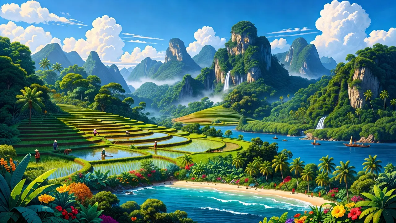 Khí hậu Việt Nam đa dạng với các khu vực như núi non, bờ biển và cánh đồng lúa, dưới bầu trời trong xanh.