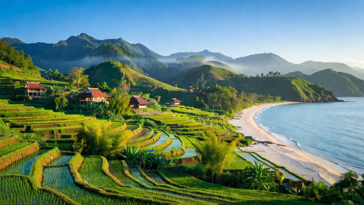 Khí hậu Việt Nam với cảnh đồng xanh, bờ biển, và núi non dưới bầu trời trong xanh.
