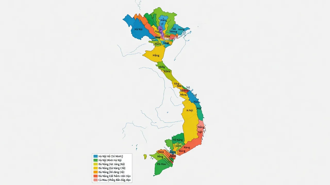 Bản đồ Việt Nam 63 tỉnh thành với ranh giới rõ ràng và tên miền tươi sáng.