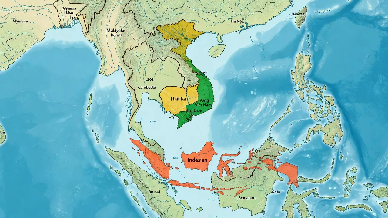 Bản đồ Đông Nam Á với các quốc gia và ranh giới địa lý rõ ràng, bao gồm Việt Nam và Thái Lan.