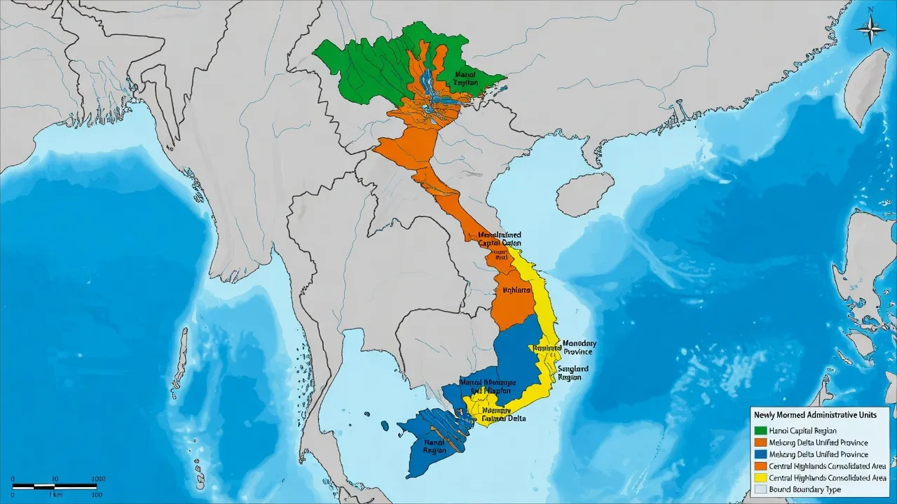 Bản đồ Việt Nam sau sáp nhập, thể hiện thay đổi đơn vị hành chính và tỉnh mới.