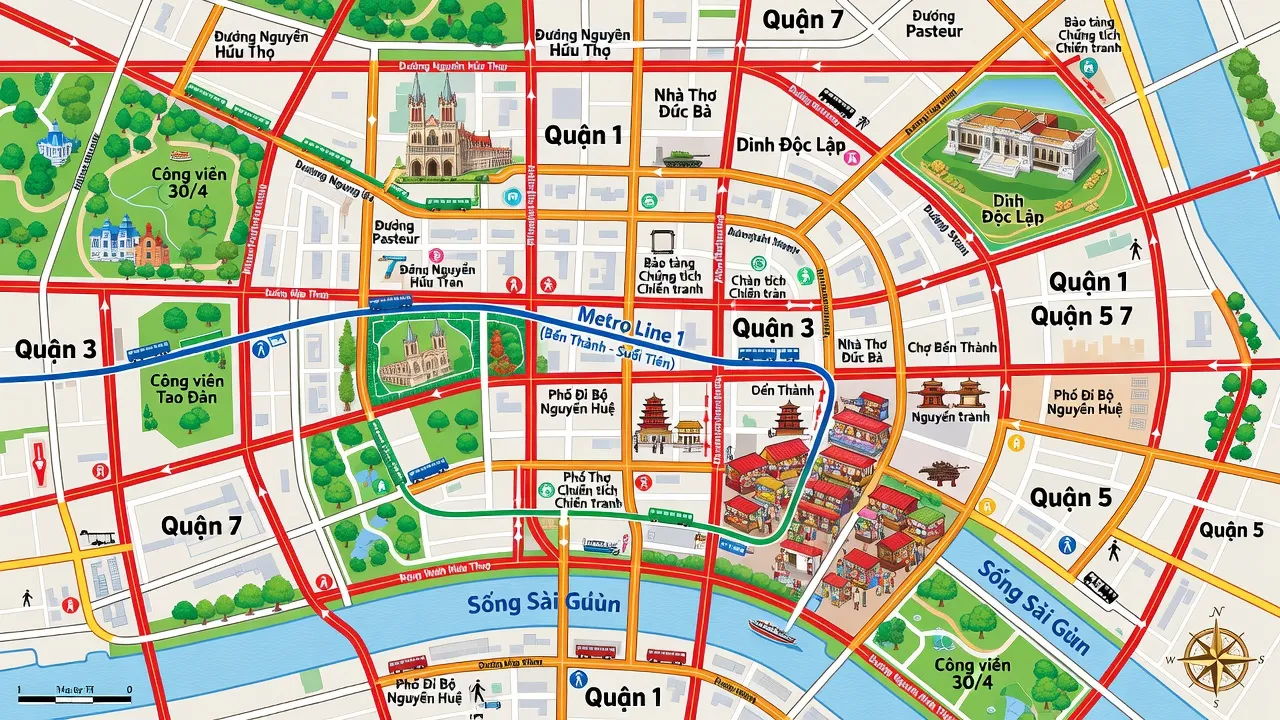 Bản đồ thành phố Hồ Chí Minh với các đường phố, địa danh và tuyến giao thông chính.