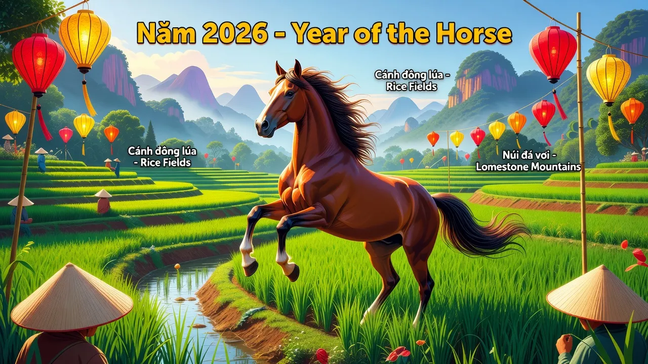 Năm 2026 con Ngựa trong cảnh sắc Việt Nam, thể hiện vẻ đẹp của thiên nhiên tươi sáng.