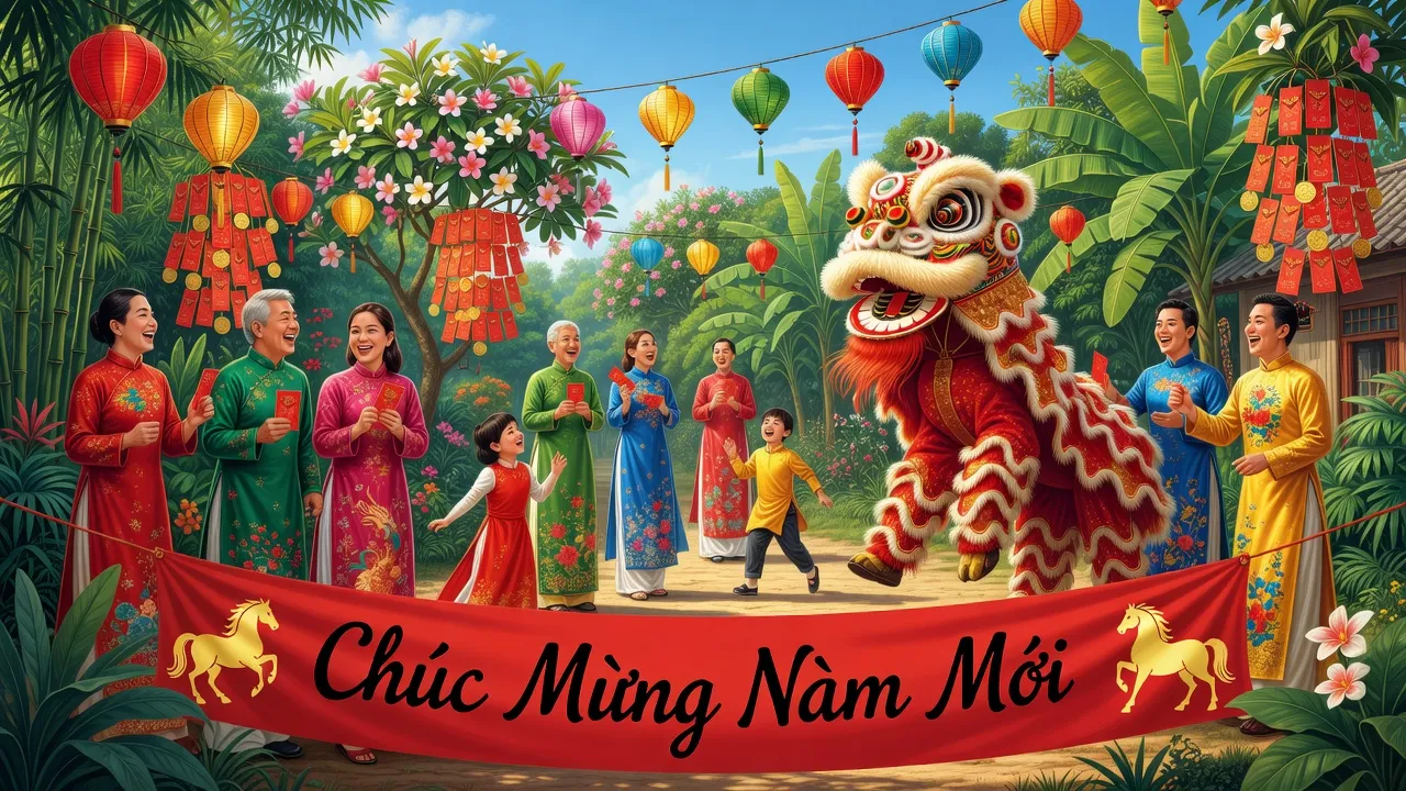 Năm Bính Ngọ 2026, lễ hội truyền thống Việt Nam với ngựa, không khí vui tươi và trang trí rực rỡ.