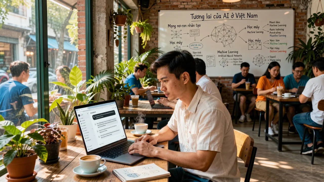 Người sử dụng ChatGPT trong quán cà phê ở Hà Nội, nắm bắt công nghệ AI hiệu quả.