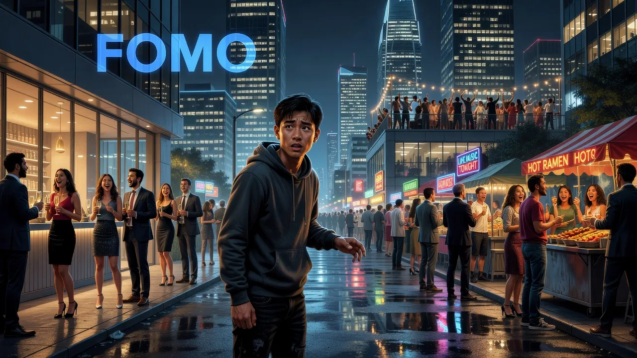 Hình ảnh thể hiện nỗi sợ FOMO với người đứng giữa các hoạt động hấp dẫn ở thành phố hiện đại.