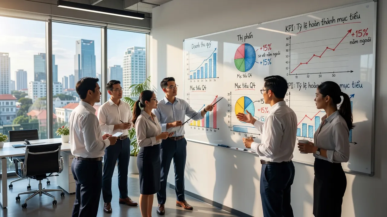 Môi trường văn phòng hiện đại tại Việt Nam, nhân viên thảo luận về chỉ số KPI hiệu quả công việc.