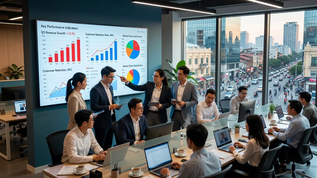Môi trường văn phòng năng động tại Việt Nam, thể hiện làm việc nhóm và phân tích KPI với máy tính.