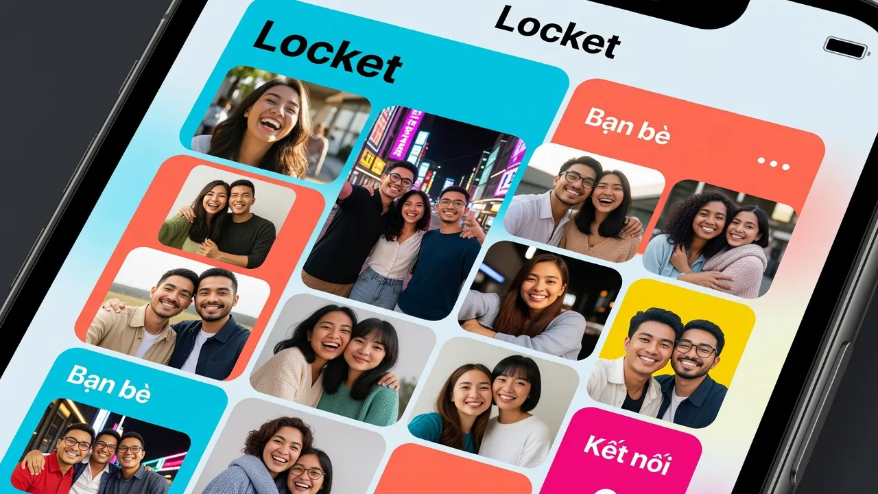 Màn hình điện thoại với widget Locket, hiển thị ảnh bạn bè, ứng dụng mạng xã hội độc đáo.