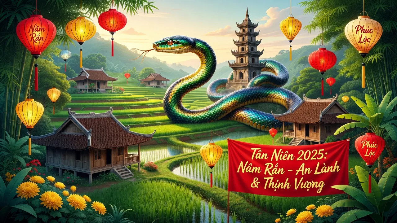 Năm 2025 con Rắn trong 12 con giáp, cảnh thiên nhiên Việt Nam tươi đẹp và văn hóa.
