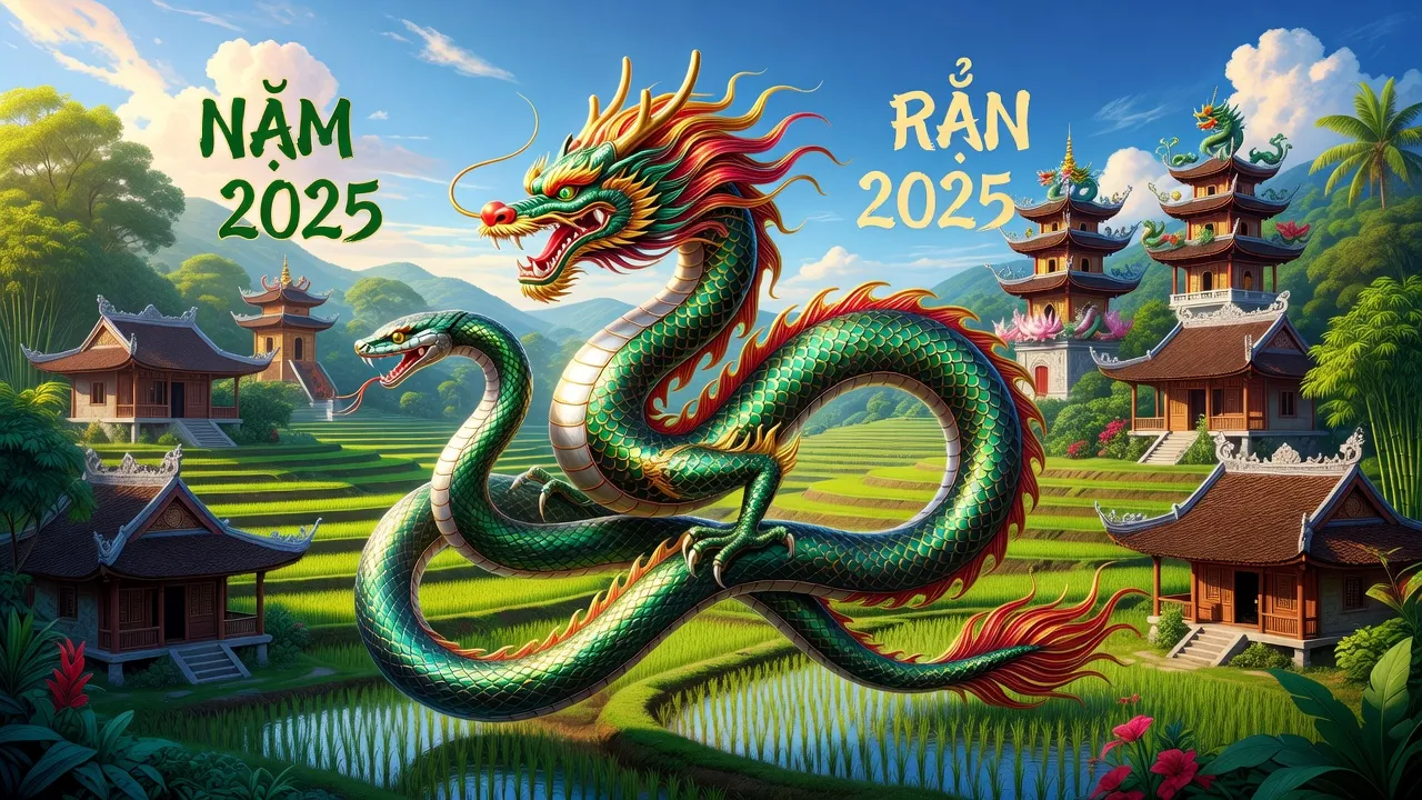 Năm 2025 là năm Ất Tỵ với hình ảnh con rắn trong khung cảnh văn hóa Việt Nam.