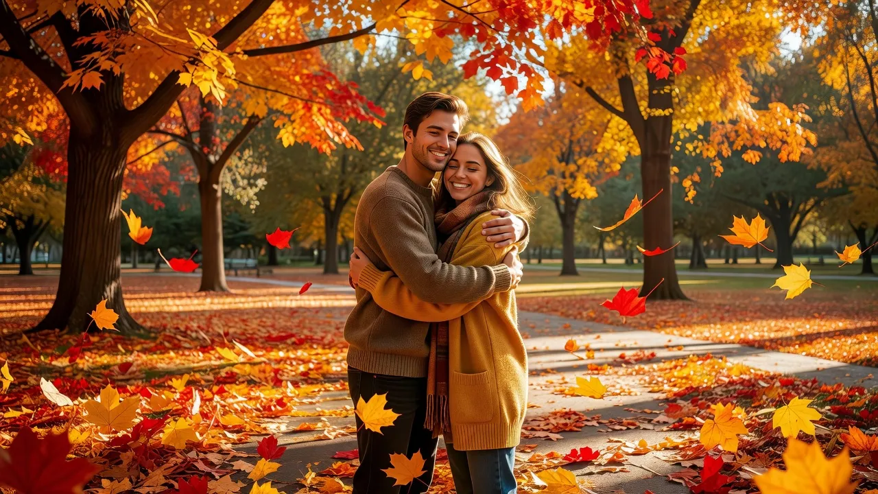 Cảnh bạn bè ôm nhau trong công viên mùa thu, thể hiện tình cảm gần gũi và thân mật.