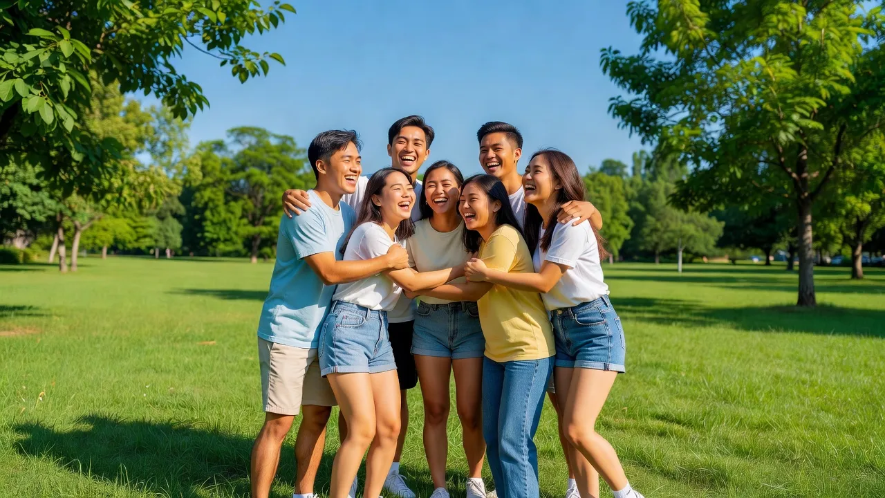 Nhóm bạn trẻ ôm nhau trong công viên, thể hiện thân mật và tình cảm qua skinship.