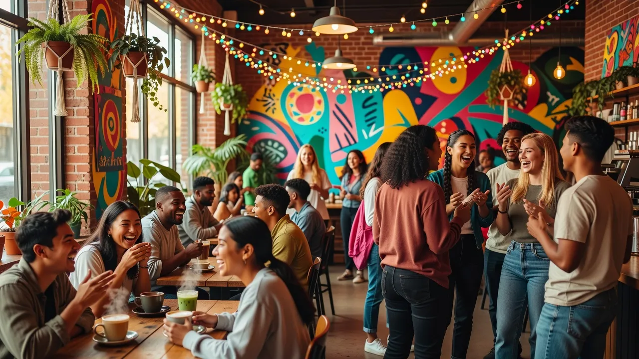Cảnh quang thành phố năng động, giới trẻ giao lưu tại quán cà phê, thể hiện vibe sống động.