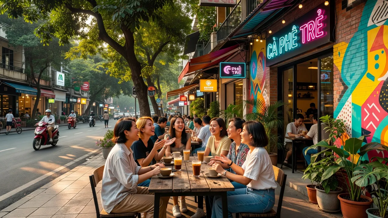 Quang cảnh quán cà phê ở Hà Nội, giới trẻ trò chuyện, vibe thoải mái và thân thiện.