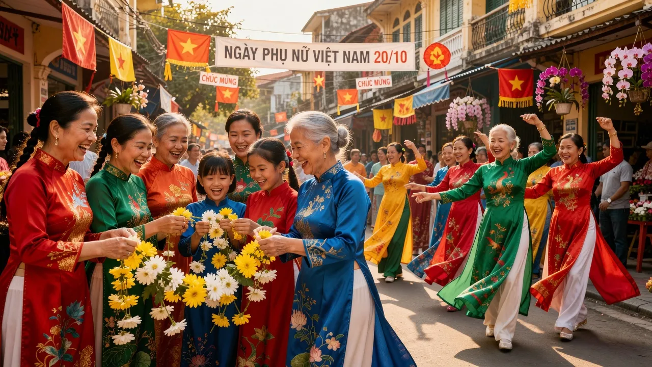 Ngày Phụ nữ Việt Nam 20/10, phụ nữ tôn vinh truyền thống trong ngày hội, hoạt động cộng đồng, sắc màu rực rỡ.