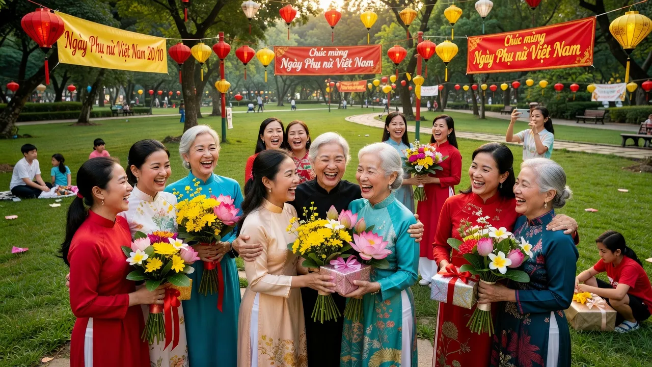 Ngày Phụ nữ Việt Nam 20/10, phụ nữ vui vẻ nhận quà, hoa tươi, không gian lễ hội.