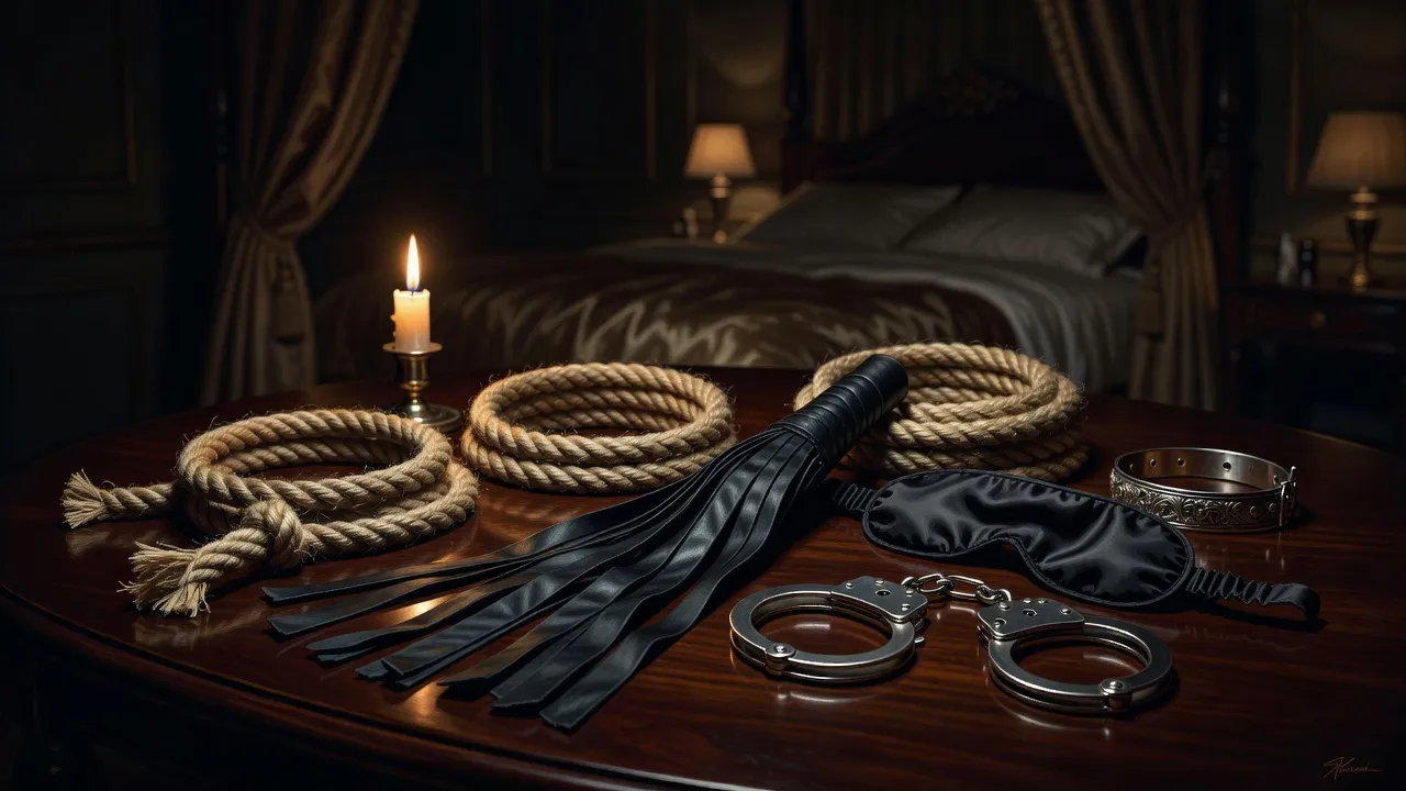 Đồ vật BDSM như dây thừng, roi da trên bàn gỗ, không gian phòng ngủ sang trọng, yếu tố tình dục.