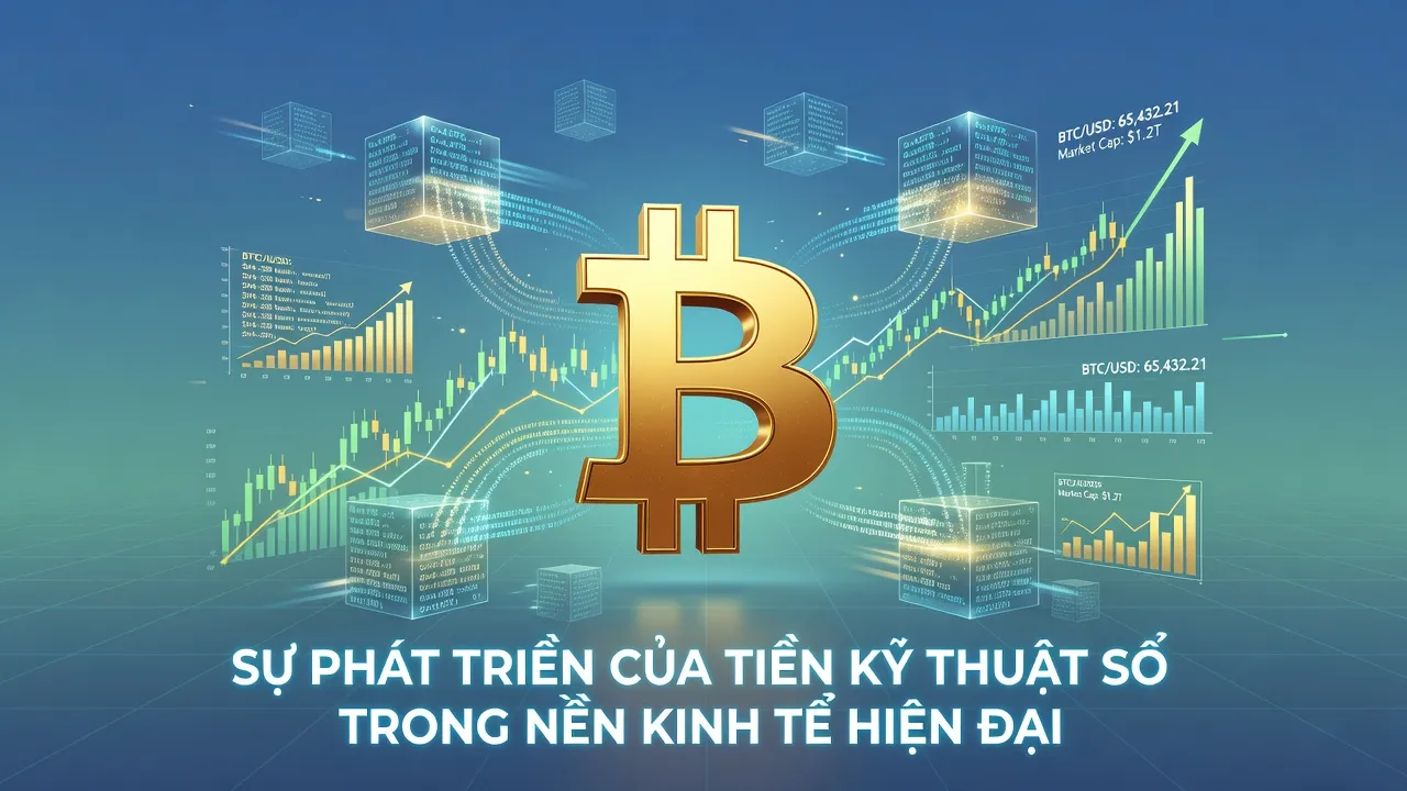 Biểu tượng Bitcoin nổi bật trên nền xanh, tượng trưng cho sự phát triển của tiền kỹ thuật số.