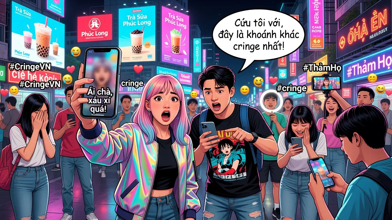 Hình ảnh thể hiện cảm giác cringe trong cộng đồng Gen Z tại Việt Nam với tình huống ngượng ngùng.