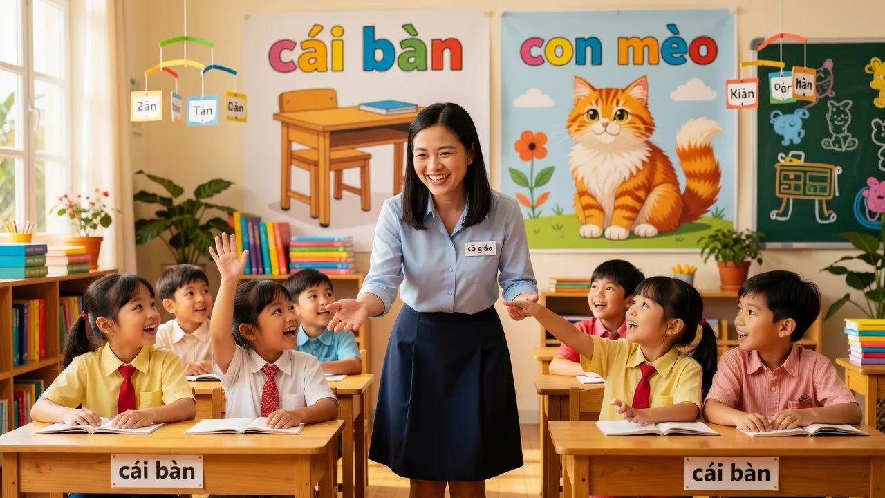 Cảnh lớp học với giáo viên và học sinh, thể hiện các danh từ tiếng Việt như cô giáo và con mèo.