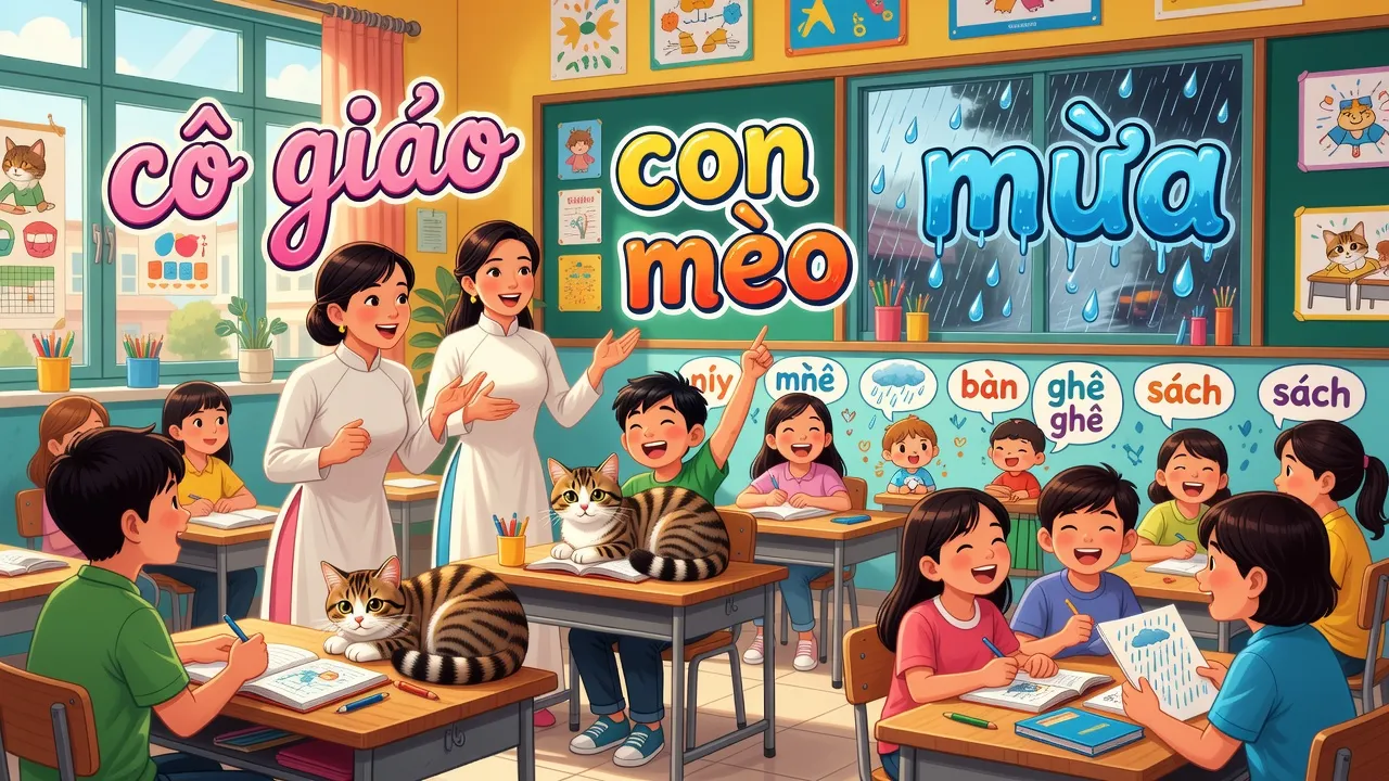 Hình ảnh minh họa các danh từ tiếng Việt như cô giáo, con mèo, và mưa trong lớp học sôi động.