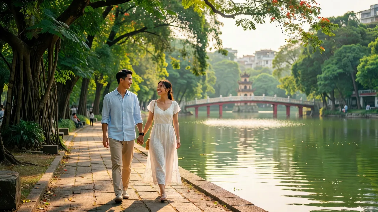 Cặp đôi trẻ tuổi đi dạo bên hồ Hoàn Kiếm, tượng trưng cho hoạt động 'đi date' ở Việt Nam.