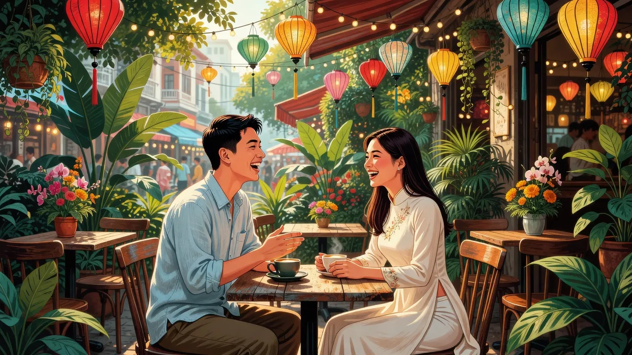 Cặp đôi trẻ Việt Nam đang hẹn hò tại quán cà phê đẹp, tạo không khí lãng mạn trong một ngày nắng.
