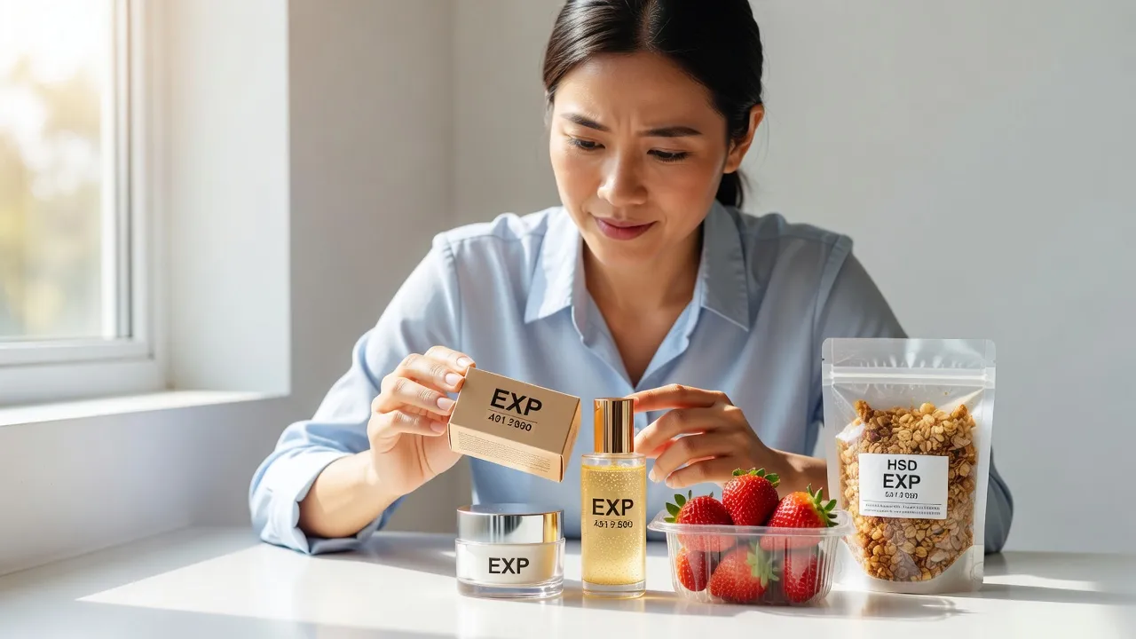 Bao bì sản phẩm với ký hiệu EXP, thể hiện hạn sử dụng sản phẩm mỹ phẩm và thực phẩm.