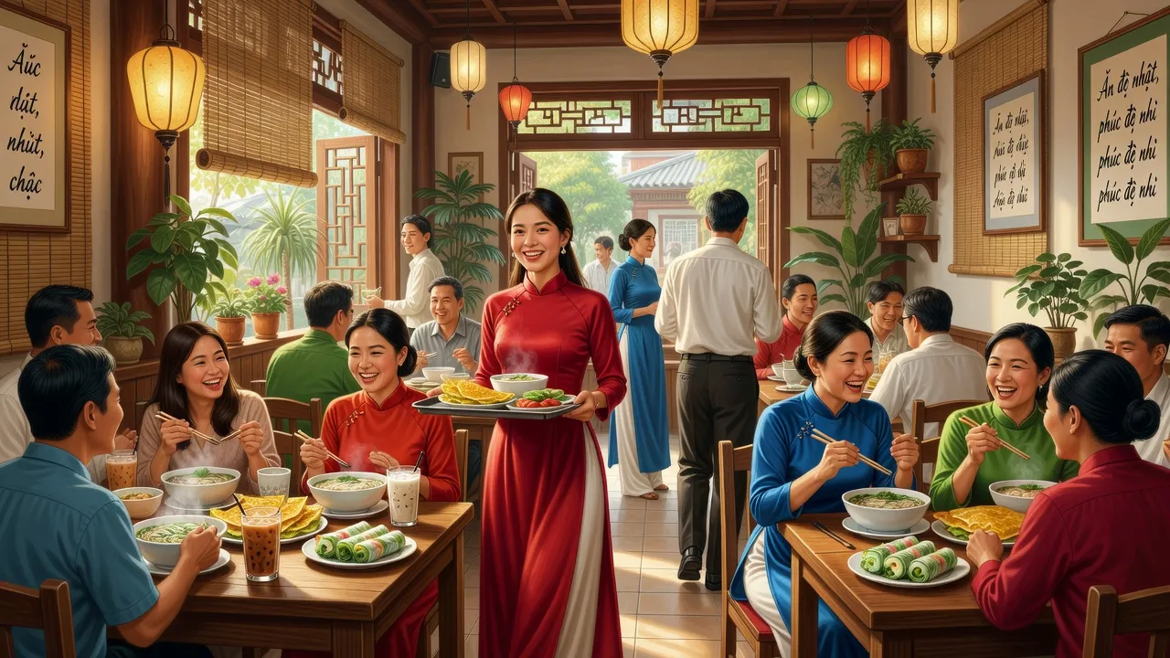 Hoạt động F&B tại nhà hàng Việt Nam, khách hàng thưởng thức món ăn và đồ uống trong không gian ấm cúng.
