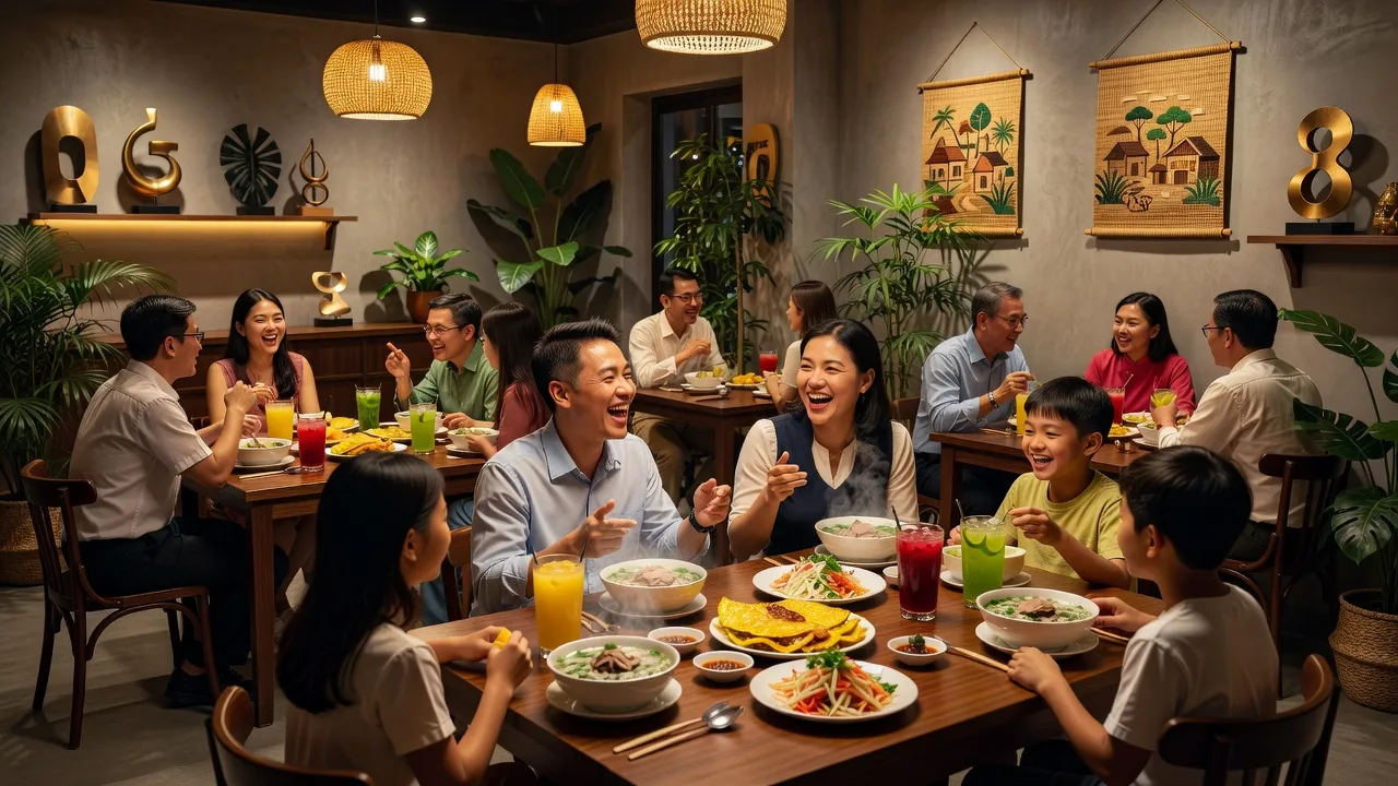 Không gian nhà hàng hiện đại tại Việt Nam với món ăn và đồ uống đặc sắc, khách hàng thưởng thức.