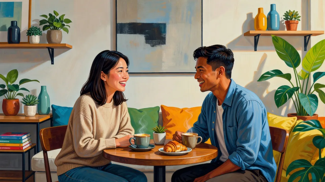 Hai người đang trò chuyện tại quán cà phê, thể hiện mối quan hệ FWB ở Việt Nam.