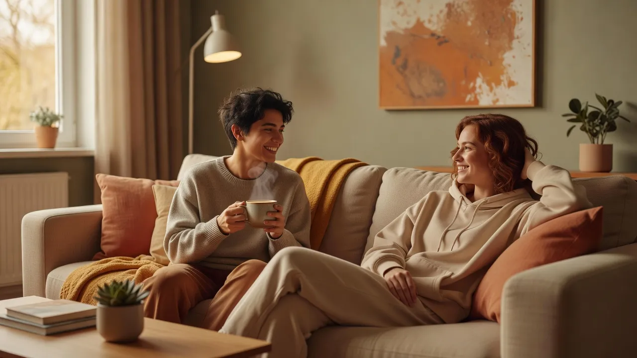 Phòng khách hiện đại, hai người bạn thân quen đang trò chuyện vui vẻ và thoải mái.