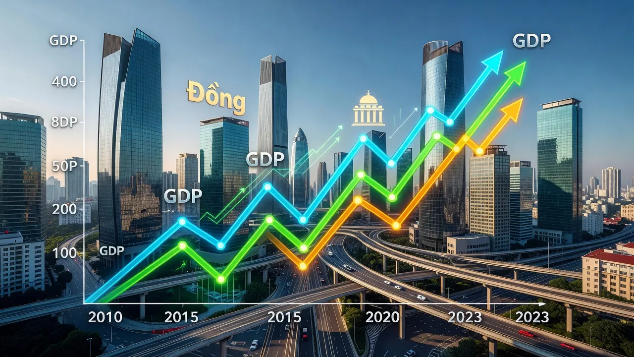 Biểu đồ thể hiện sự phát triển của GDP Việt Nam qua các năm, nền thành phố hiện đại.