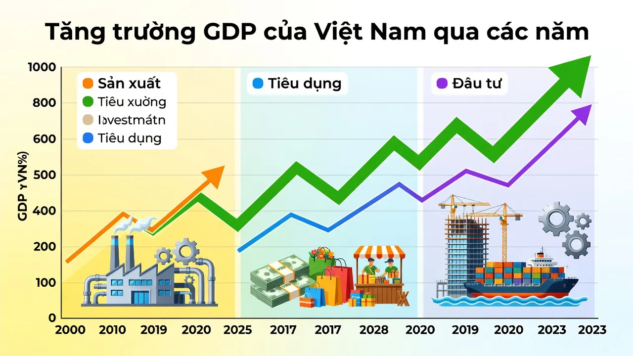 GDP của Việt Nam với biểu đồ tăng trưởng, minh họa sản xuất và tiêu dùng, thể hiện sức khỏe kinh tế.