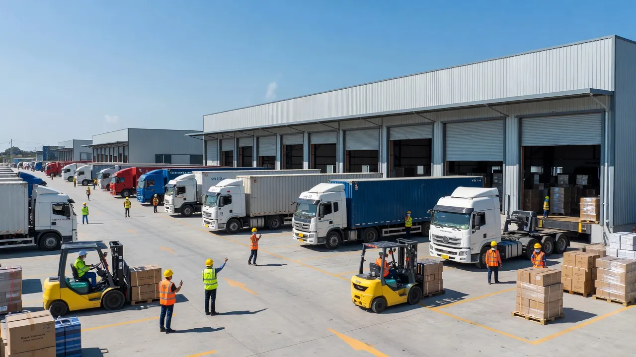 Cảnh vận chuyển hàng hóa tại trung tâm logistics ở Việt Nam, với xe tải và công nhân làm việc.