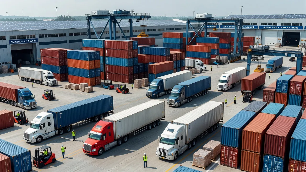 Hoạt động logistics với xe tải, kho bãi và quy trình vận chuyển hàng hóa tại Việt Nam.