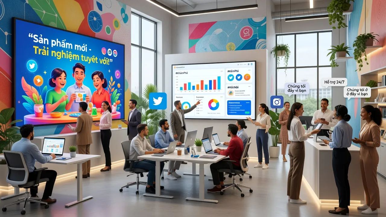 Các hoạt động marketing trong kinh doanh tại Việt Nam, quảng cáo, truyền thông xã hội, tương tác khách hàng.