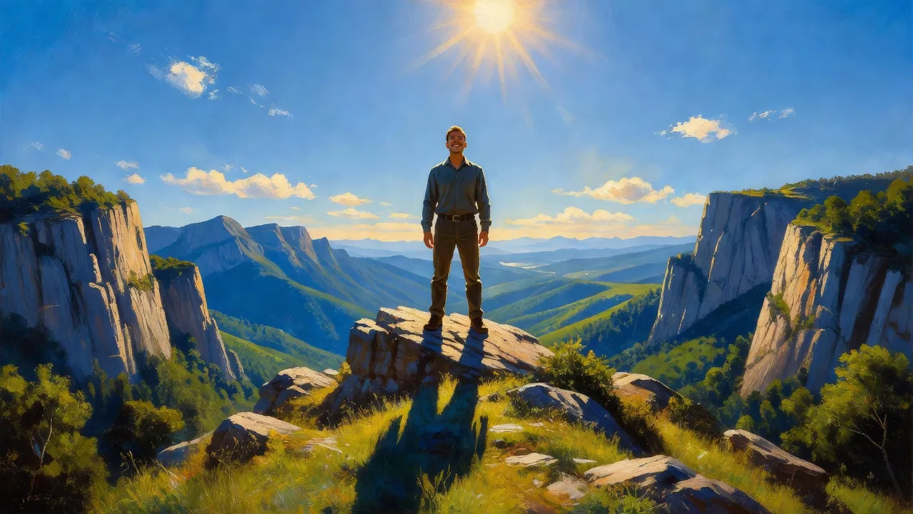 Khái niệm mindset với người đứng trên đỉnh núi nhìn ra cảnh thiên nhiên tuyệt đẹp, thể hiện sức mạnh tư duy.