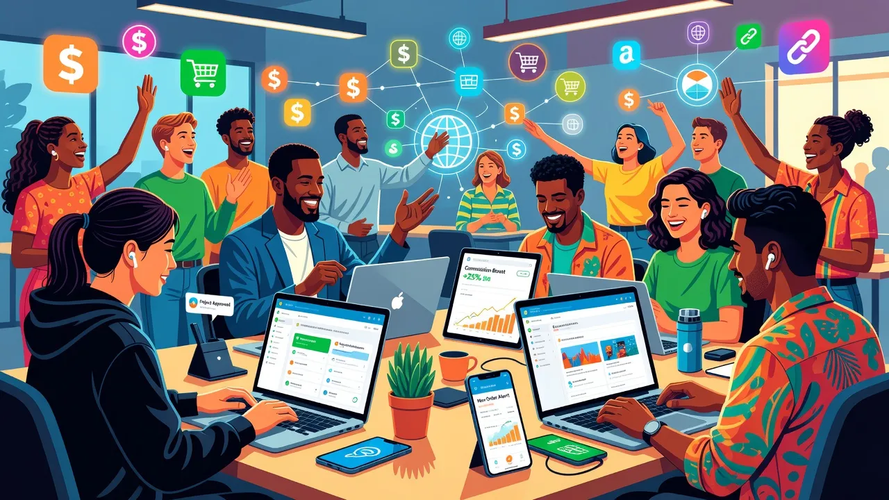 Hình ảnh người làm MMO kết hợp hoạt động trực tuyến kiếm tiền qua Internet, như tiếp thị liên kết và freelancing.