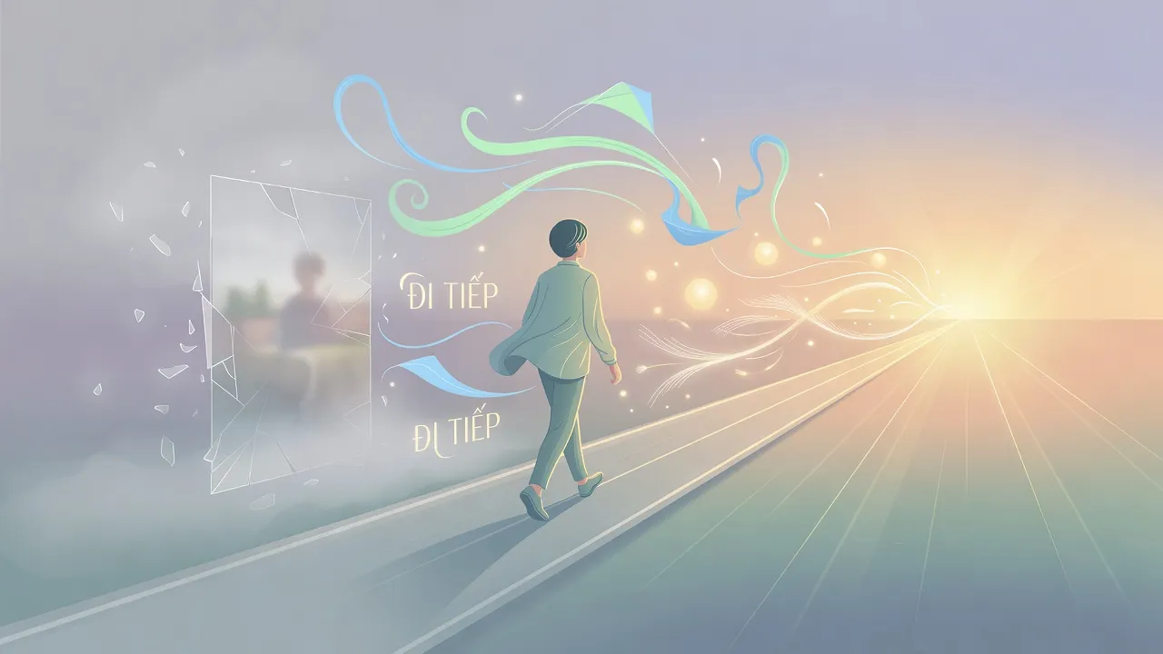 Minh họa biểu tượng cho cụm từ move on, với hình ảnh người bước về tương lai, cảm xúc lạc quan.
