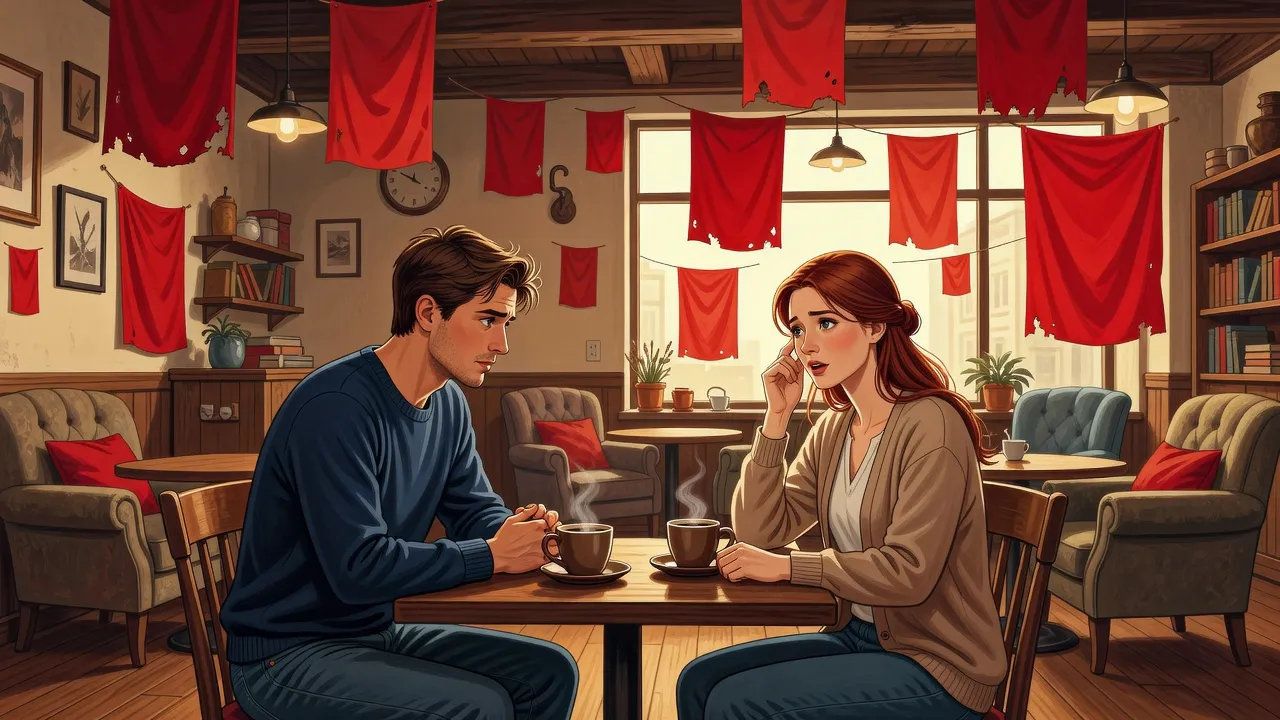 Cặp đôi trong quán cafe với biểu tượng cờ đỏ, thể hiện dấu hiệu cảnh báo trong mối quan hệ.