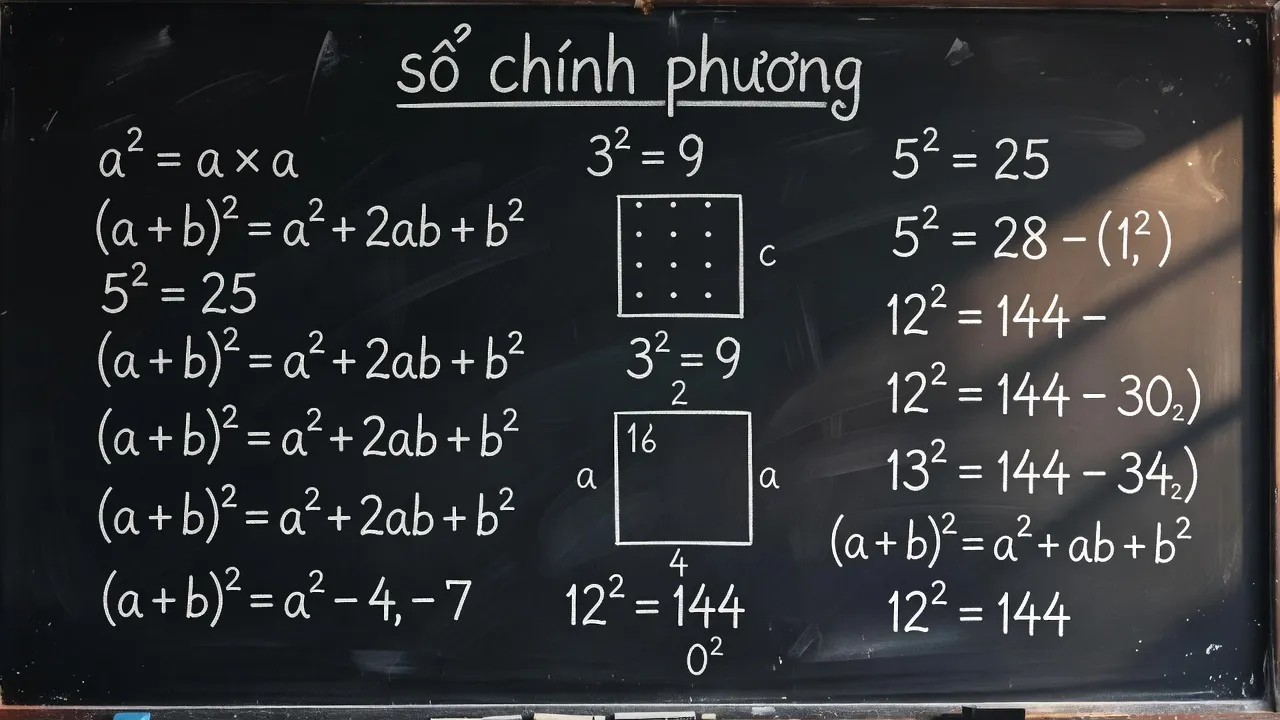 Hình ảnh bảng đen với công thức và ví dụ về số chính phương, lý thuyết toán học.