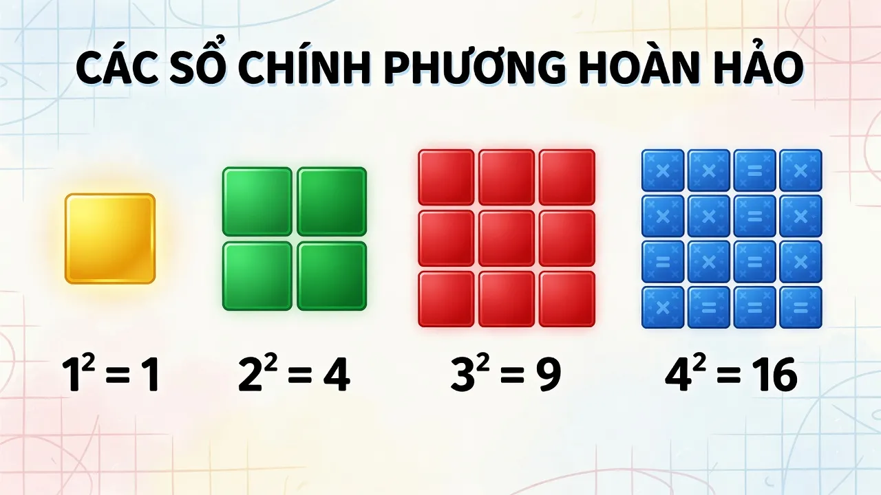 Hình minh họa số chính phương với các ví dụ như 1, 4, 9, 16 trong bối cảnh giáo dục Việt Nam.