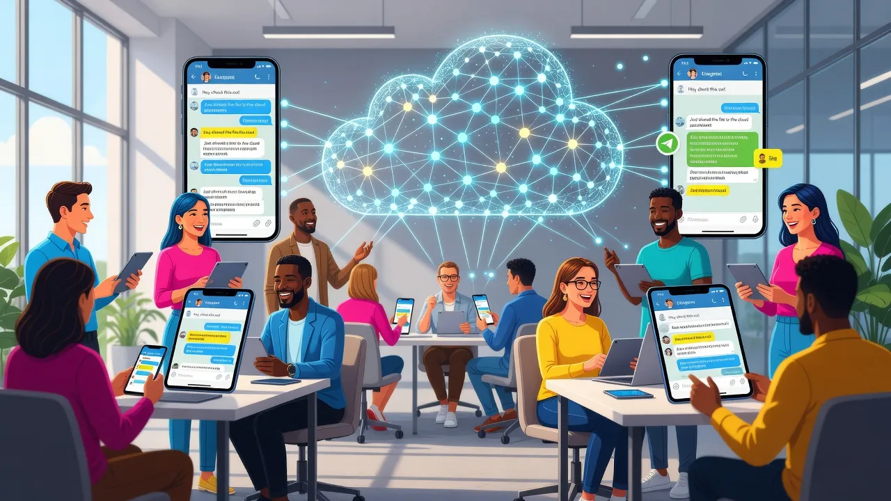 Một nhóm người đa dạng sử dụng Telegram trên điện thoại và máy tính bảng, thể hiện tính năng nhắn tin nhanh.