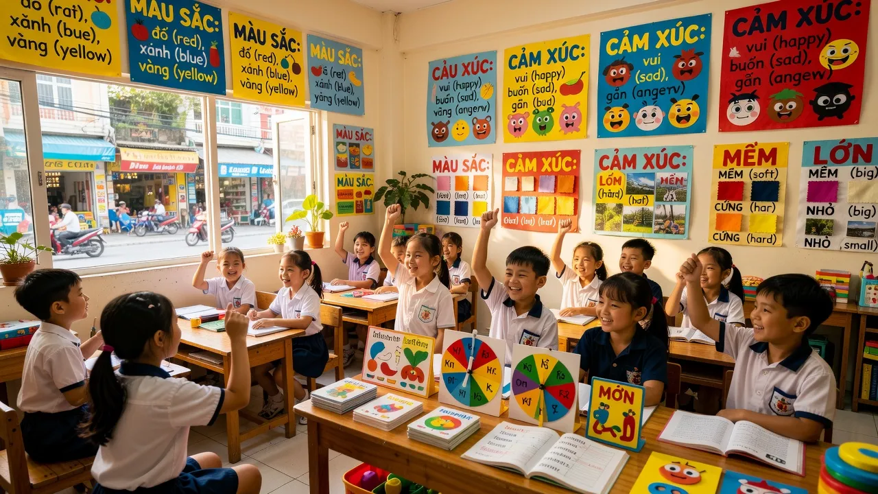 Học sinh Việt Nam trong lớp học, tìm hiểu về tính từ với bảng biểu và tài liệu màu sắc.