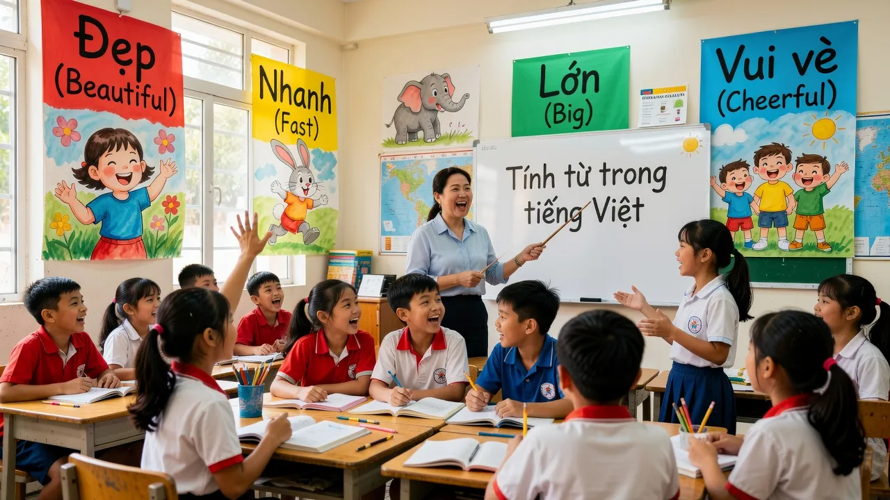 Không gian lớp học sôi động với học sinh khám phá tính từ trong tiếng Việt và tiếng Anh.