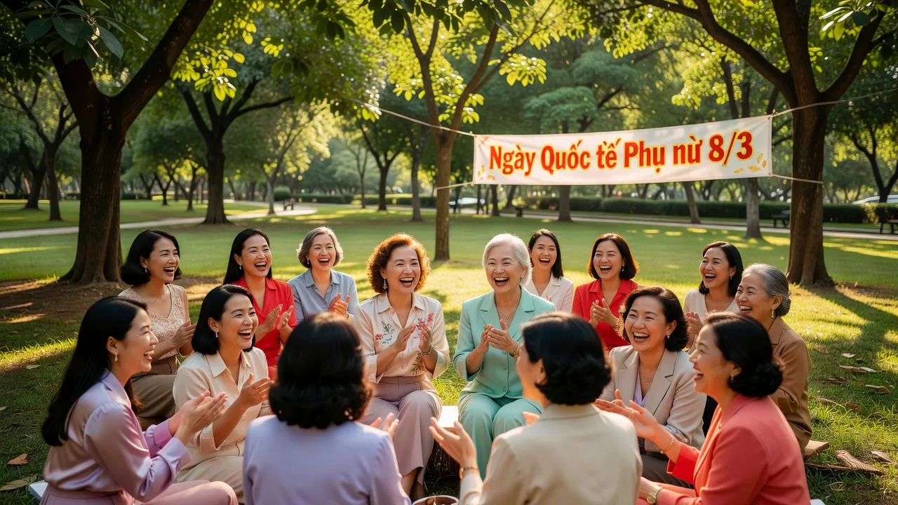 Ngày Quốc tế Phụ nữ 8/3 tươi vui, phụ nữ tụ tập trong công viên, diễn ra trong không khí ấm áp và thân thiện.